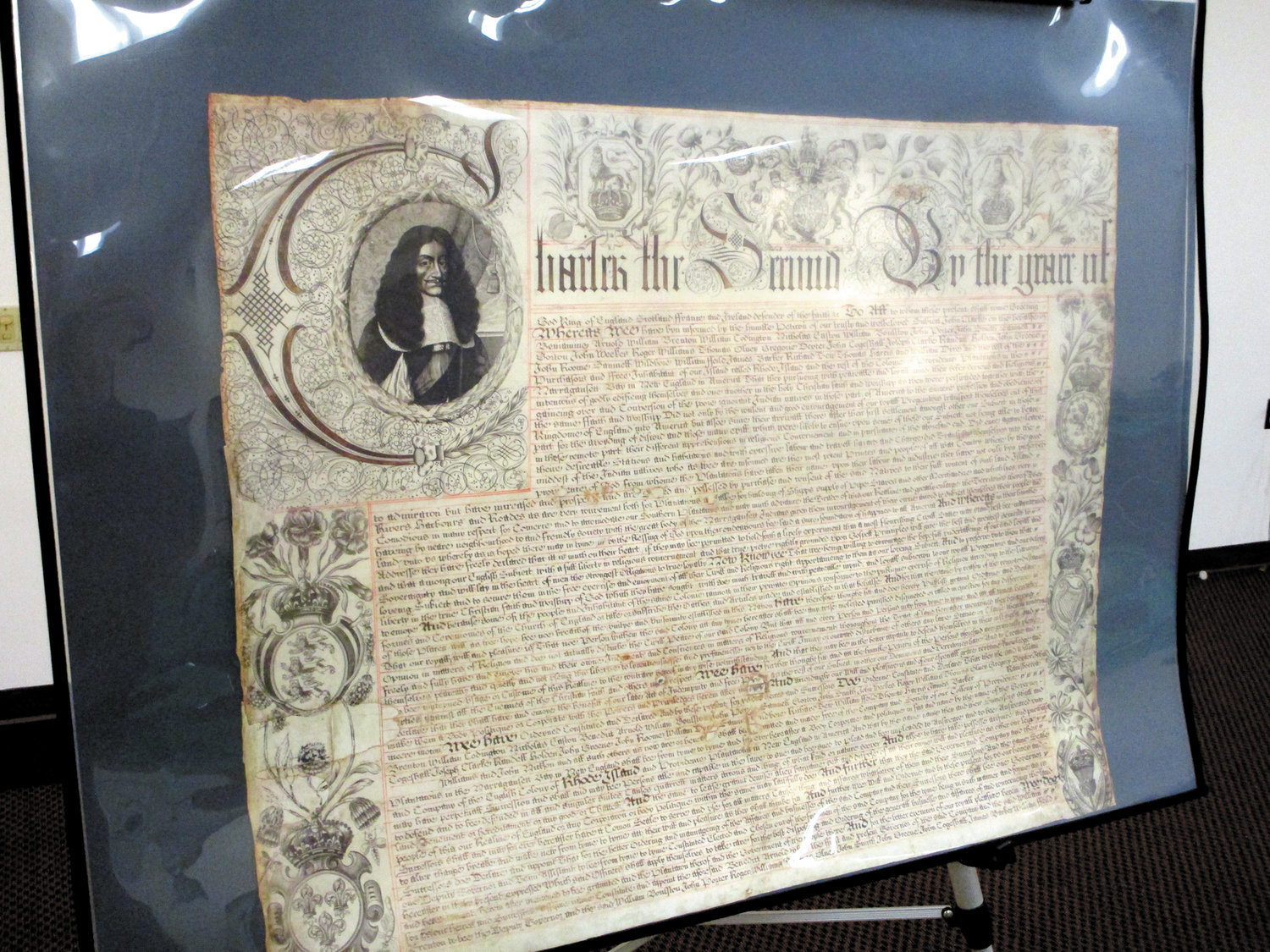 A copy of Rhode Island’s royal charter is part of the display at Cranston Public Library’s Central Library.